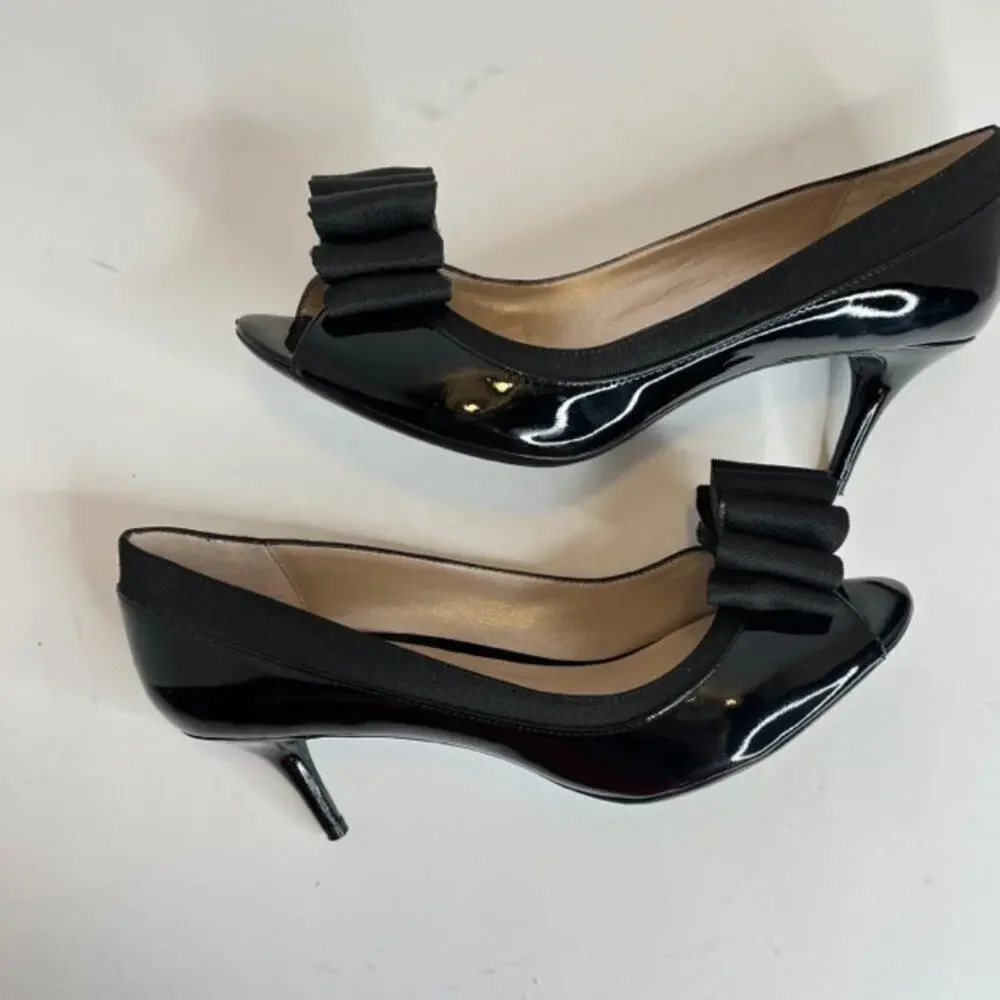 DKNY Black Patent Peep Toe Bow Heels Size 9 Elegant Feminine NWOB